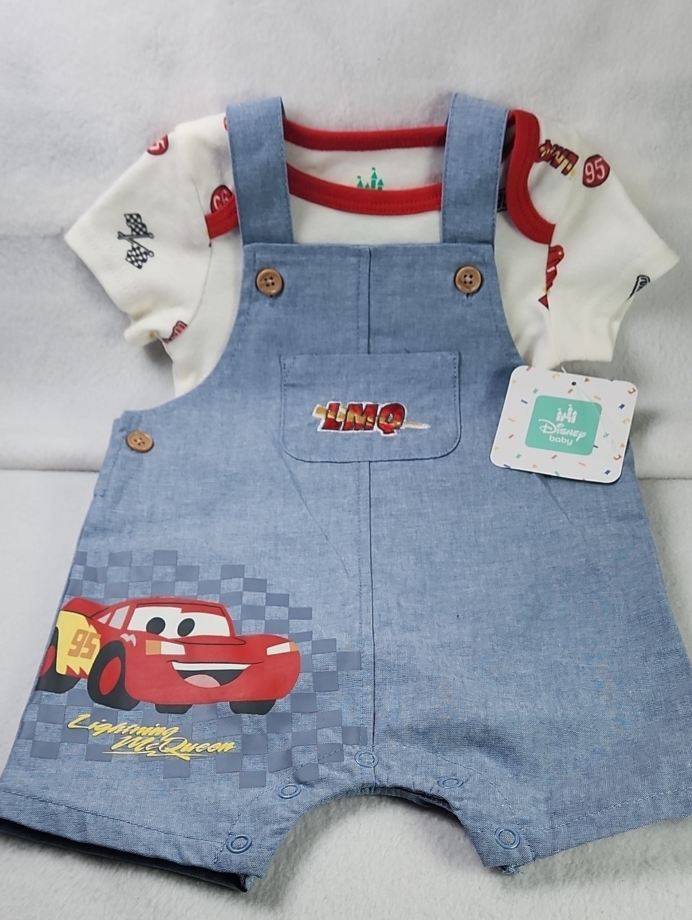 Disney Blue Boys Denim-Style Lightning McQueen Overalls&Onsie with Red Accents